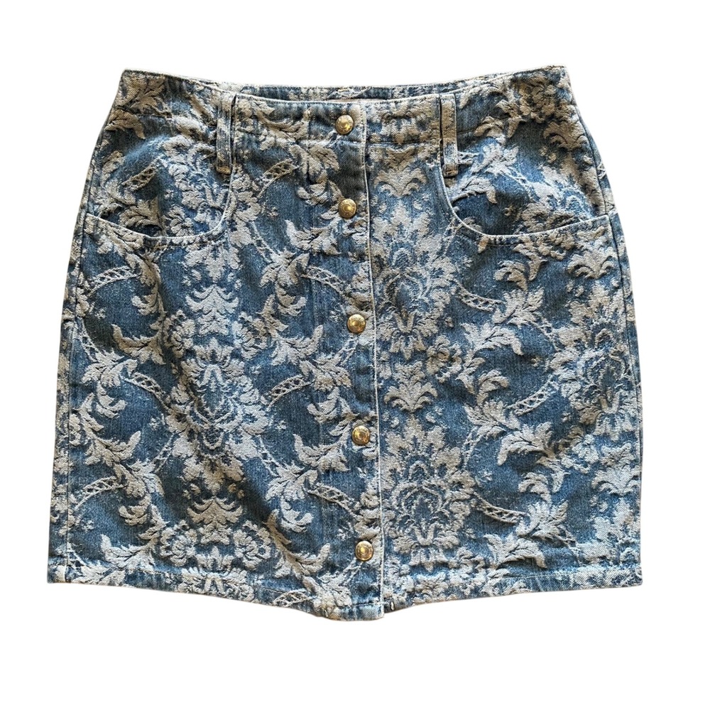 Vintage Guess Damask Floral Denim Mini Skirt Blue White Button Front Made in USA